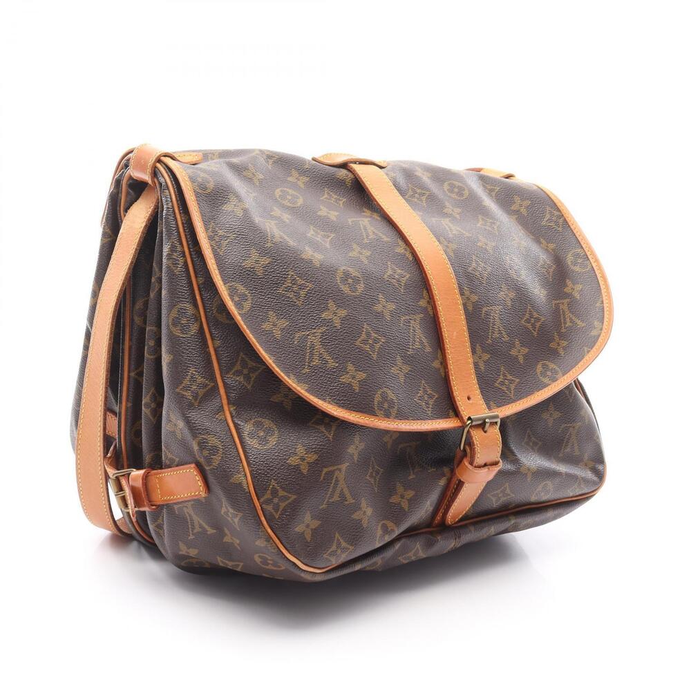Louis Vuitton Monogram Bag Brown Saumur Leather Shoulder Canvas